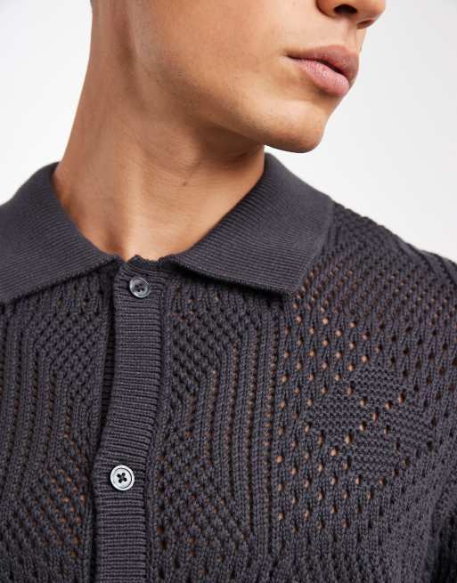 Levi's open knit camp shirt in charcoal, 5 of 5