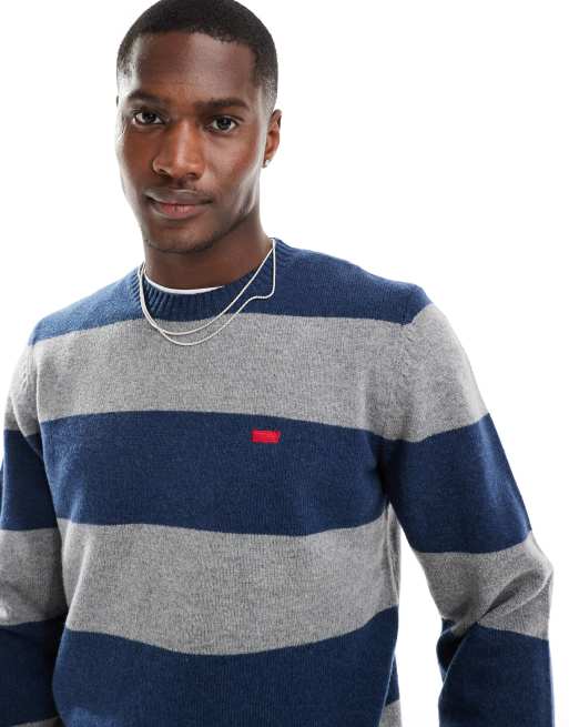 Levi s original batwing logo block stripe knit jumper in navy grey ASOS