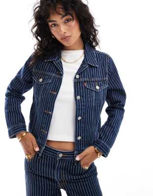 original denim pinstripe trucker jacket in partly masked dark blue - part of a set-Navy