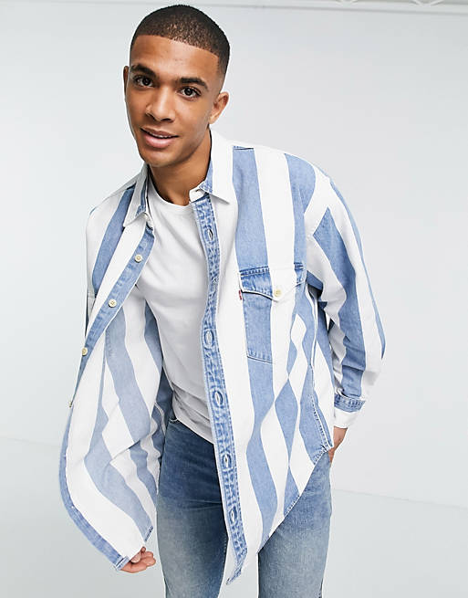 Levi's oversize barstow western indigo block stripe shirt in stone/blue