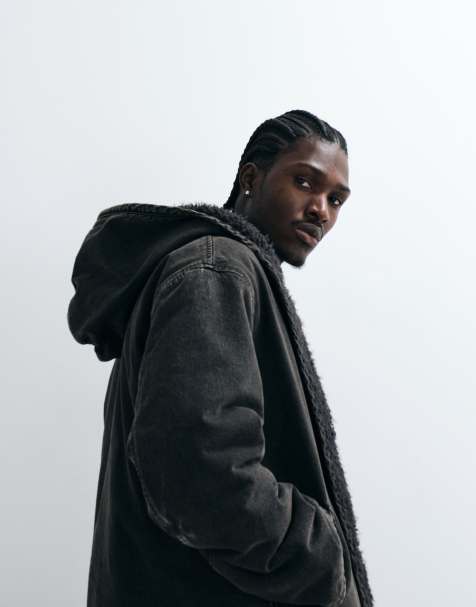 Levi's oversized deck hooded denim sherpa jacket in washed black - view 1