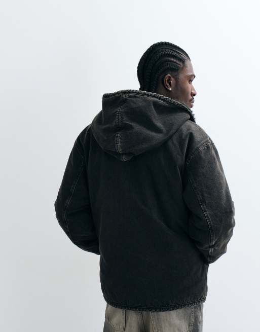Levi's oversized deck hooded denim sherpa jacket in washed black , 3 of 5