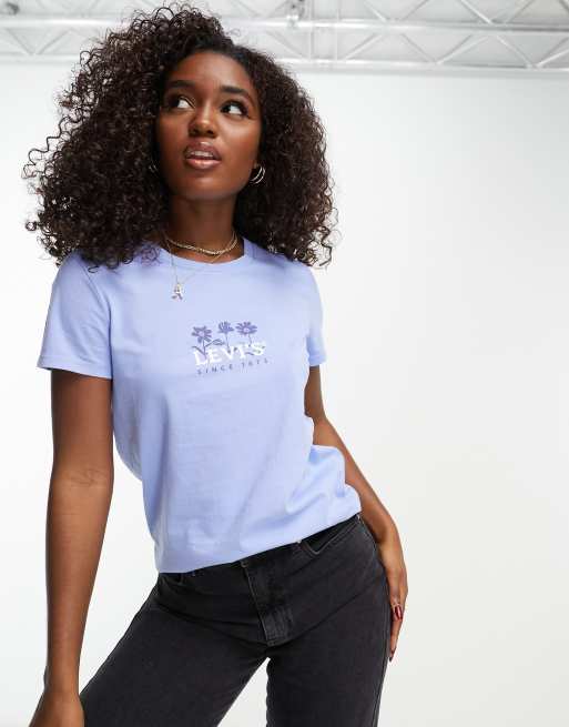 Levi's – Perfect – Blå t-shirt med blommig logga