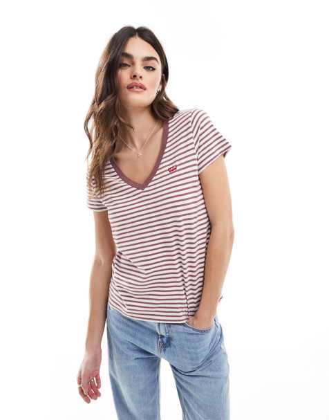 Levi's - Perfect - Gestreept T-shirt met V-hals en klein vleermuislogo in donkerroze - view 1