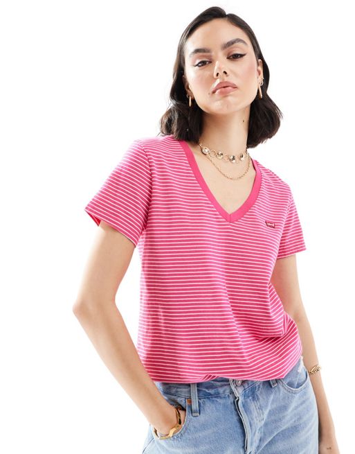 Levi's - Perfect - Gestreept T-shirt met V-hals in roze