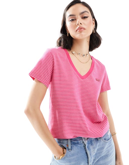 Levi's - Perfect - Gestreept T-shirt met V-hals in roze