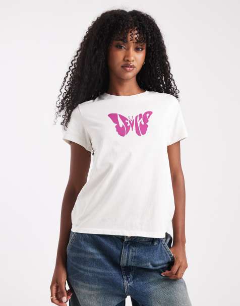 Levi's – Perfect – Kremowy T-shirt z grafiką z motylem - view 1