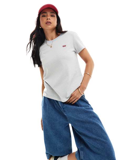 Levi's - Perfect - T-shirt blu a righe con logo batwing piccolo - view 1