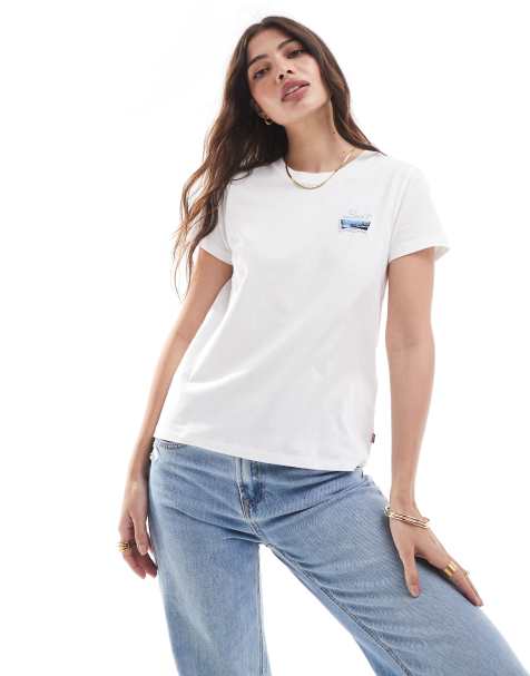 Levi's - Perfect - T-shirt met vleermuis logobadge met zonsondergangborduursel in wit - view 1