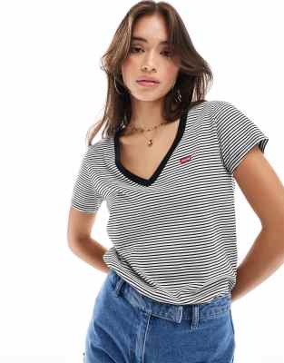 Perfect - T-shirt rayé à petit logo de la marque - Crème-Blanc S