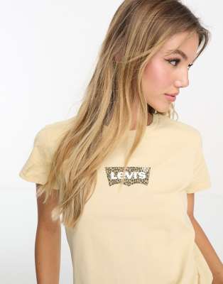 Levi s perfect t shirt with leopard print chest logo in cream White