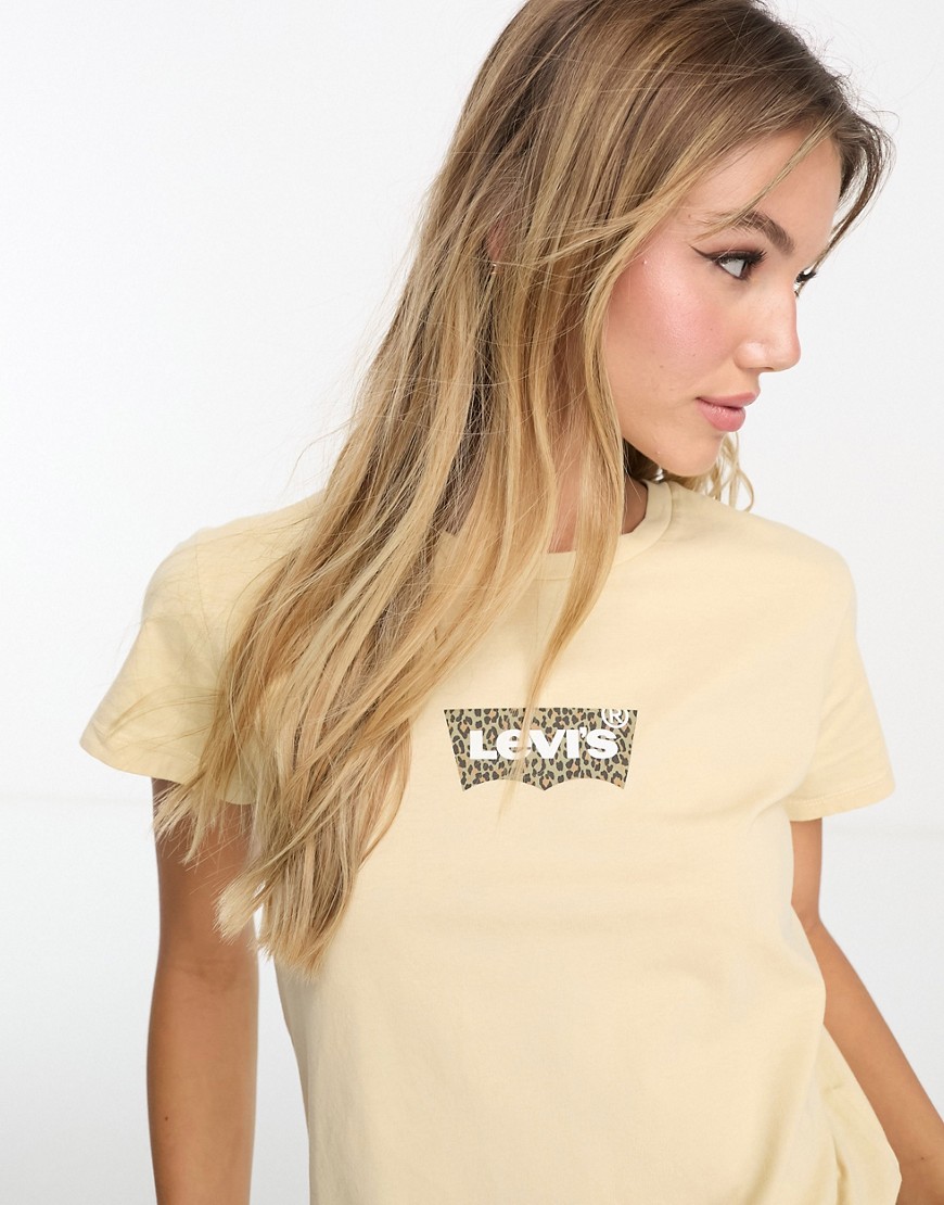 Levi's perfect t-shirt with leopard print chest logo in cream-White