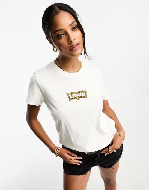 Levi s perfect t shirt with leopard print chest logo in white ASOS