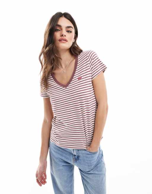 Levi's Perfect v neck small batwing logo stripe t-shirt in dusky pink