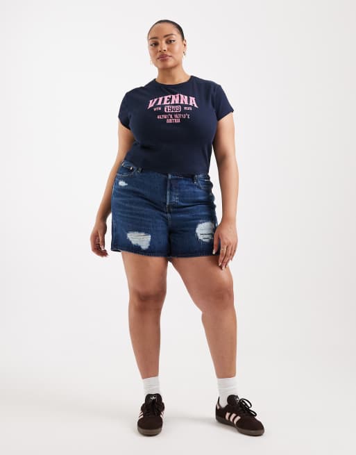 Levi's Plus – 501 – Mellanblå, tvättade, slitna shorts , 2 av 5