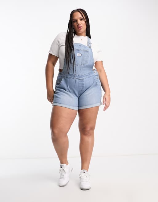 Levi's Plus – Blåtvättade korta hängselbyxor, 4 av 4
