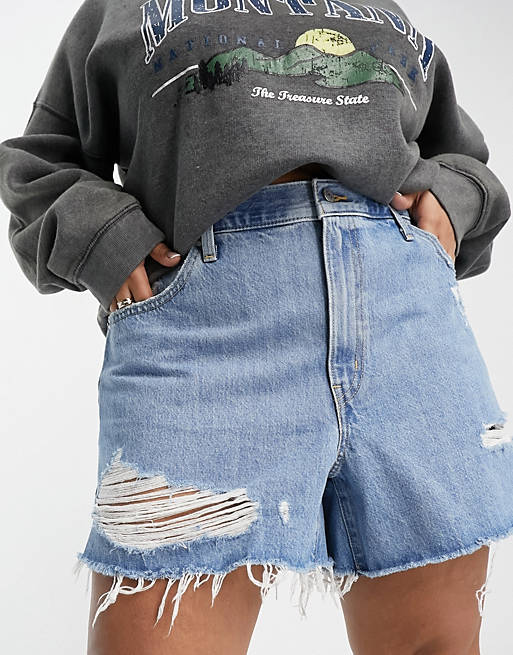 Levi's Plus distressed mom shorts in light wash blue | ASOS
