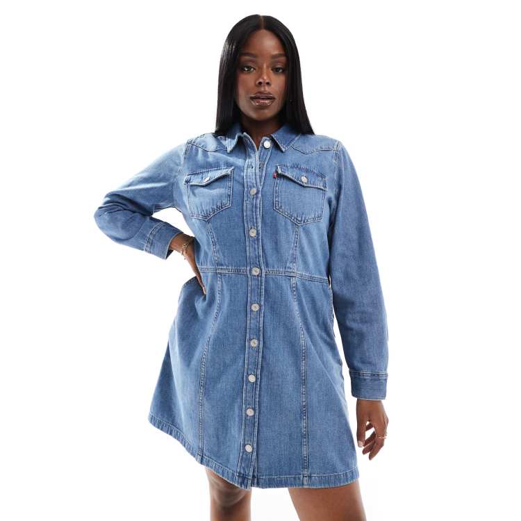 Levi s Plus Flynn western denim dress in mid blue ASOS