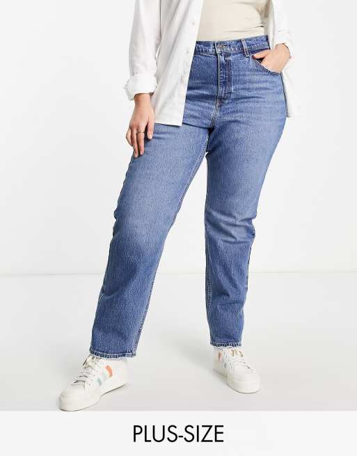 Levi's Plus – Mellanblå, raka jeans med hög midja i 70-talsstil 