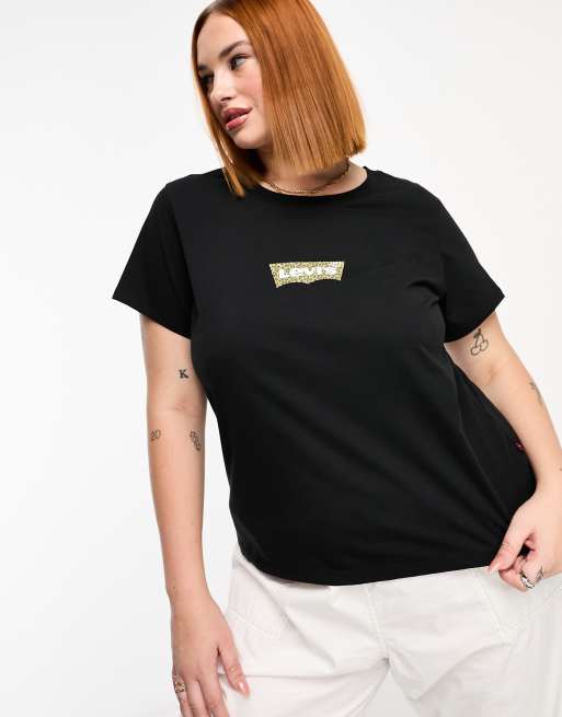 Levi's Plus – Perfect – Svart t-shirt med leopardmönstrad logga framtill