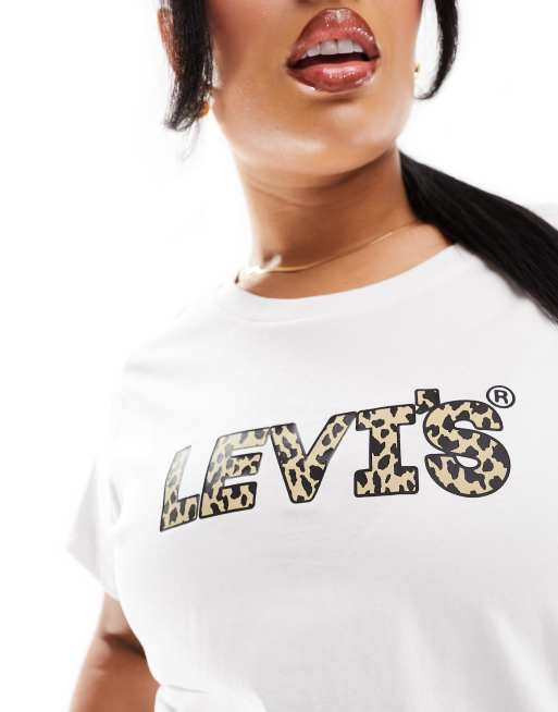 Levi's Plus – Perfect – Vit t-shirt med leopardmönstrad logga på bröstet, 3 av 4