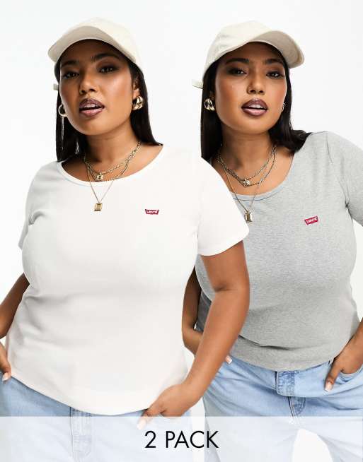 Levi's Plus - Set van 2 T-shirts met klein logo in wit en grijs