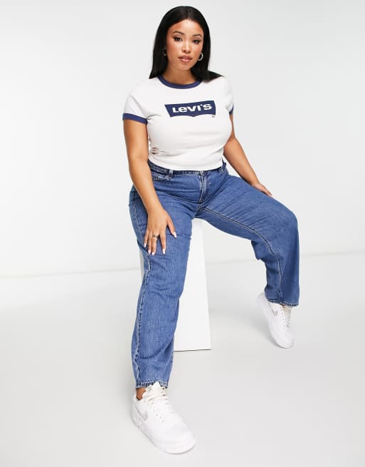 Levi s Plus T shirt crop top a logo graphique et bords contrastants Blanc et bleu ASOS