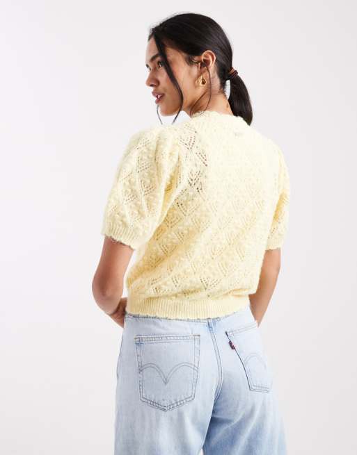 Levi's pointelle knitted short sleeve cardigan in pastel yellow, 2 of 4
