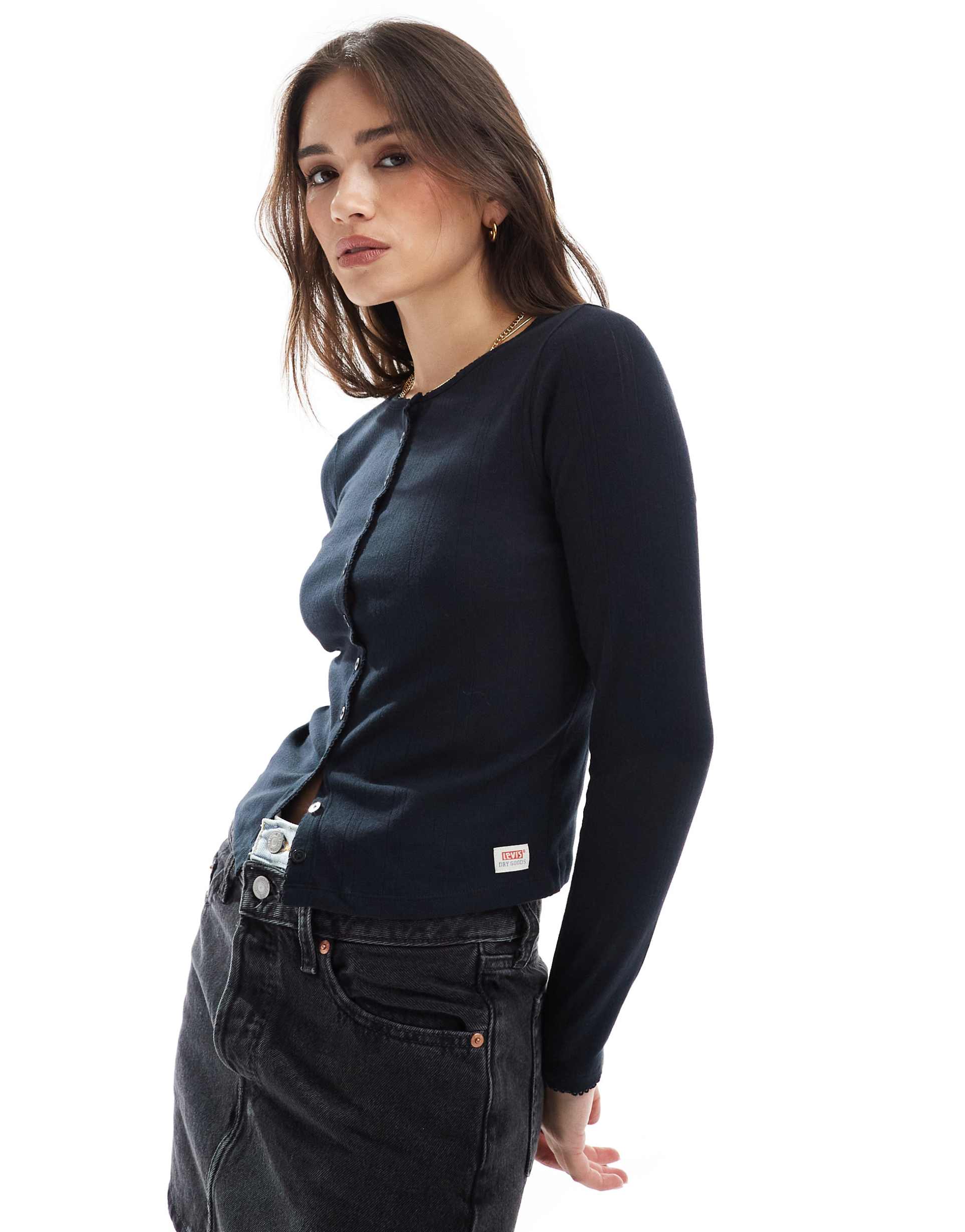 levi's pointelle long sleeve button front top in black