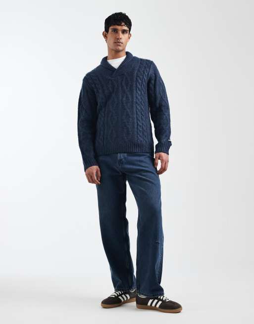 Levi's polaris shawl collar cable knit jumper in navy marl, 2 of 5