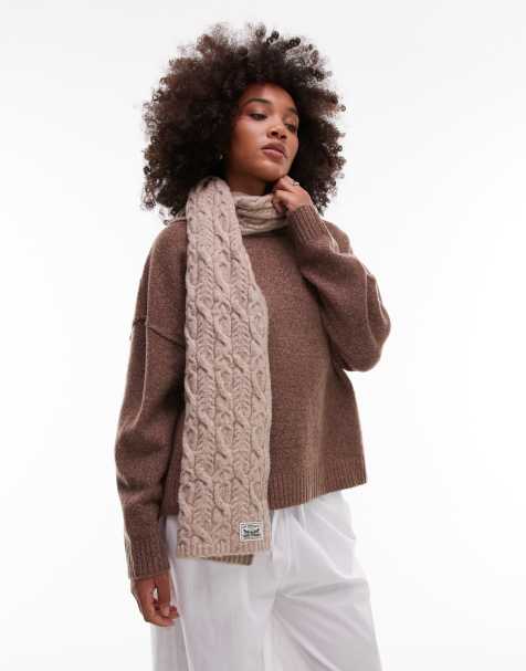 Levi's label logo knit ribbed scarf in light brown