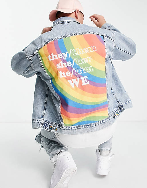 Levi's Pride liberation rainbow back print denim trucker jacket in thanks marsha light wash
