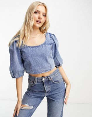 Levi's puff sleeve blouse in mid blue  - ASOS Price Checker