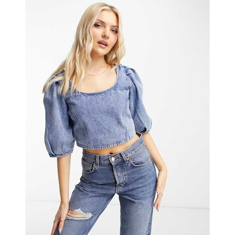 Levi's puff sleeve blouse in mid blue | Cheap