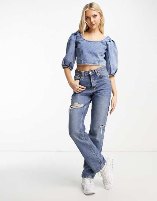Levi's puff sleeve blouse in mid blue | Cheap