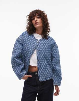 quilted denim jacket in mid blue