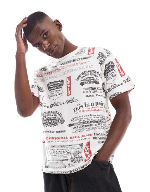 Levi's - Råhvid T-shirt med gennemgående '501'-print i vintage-stil i afslappet pasform
