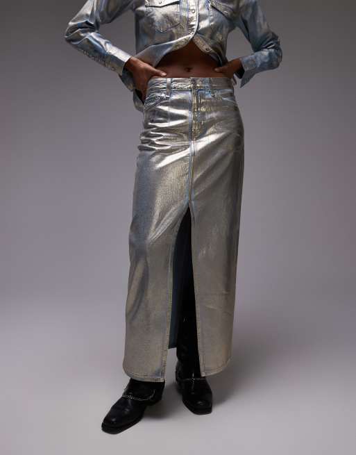 Levi's - Rechte maxi kokerrok van metallic denim in goud, 5 van 5