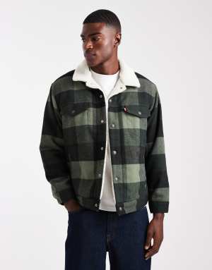 Levis relaxed fit block check sherpa trucker jacket in charcoal