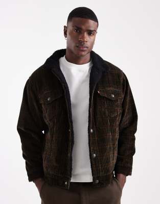 Levi's relaxed fit sherpa check cord trucker jacket in brown