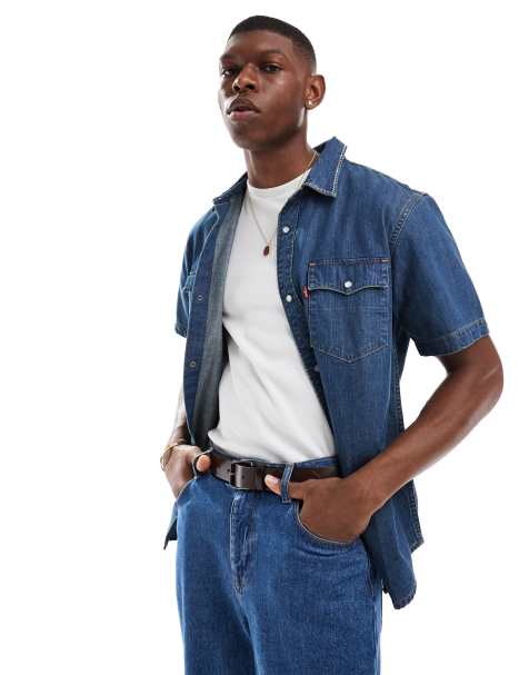 Levi's relaxed fit western short sleeve scenic back embroidered denim shirt in mid wash - view 1