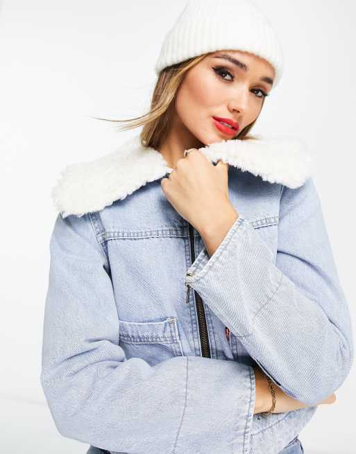 Levi's retro sherpa oversized collar denim trucker jacket in light wash |  ASOS