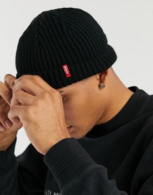 ribbed beanie in black with small logo 
