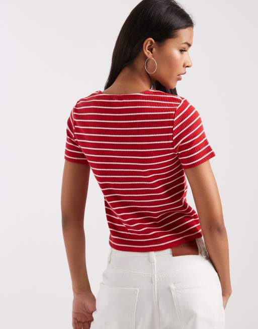 Levi's ribbed jersey button up top with stripes in red, 3 of 4