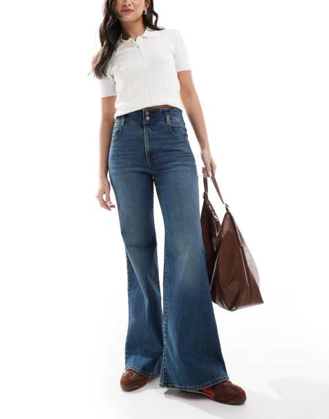 Levi's ribcage bells high rise flare jeans with corset detail in mid blue - view 1
