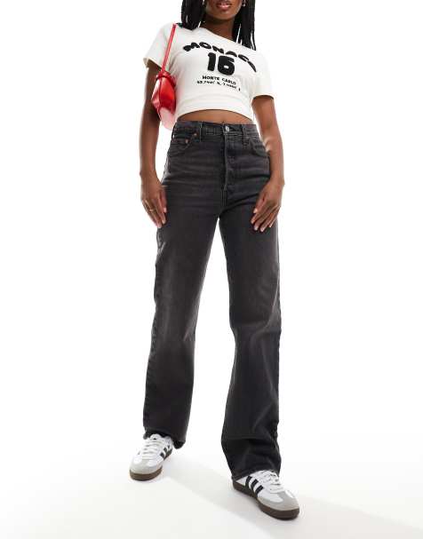 Levi's ribcage high rise straight fit full length jeans in washed black - view 1