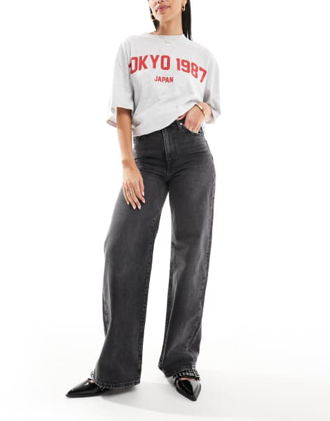 Levi's ribcage high rise wide leg jeans in washed black - view 1
