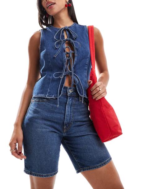Levi's ribcage high waist bermuda denim shorts in mid blue - view 1