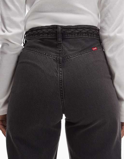 Levi's Ribcage-jeans med vida ben och flätad midjelinning i svart, 4 av 5