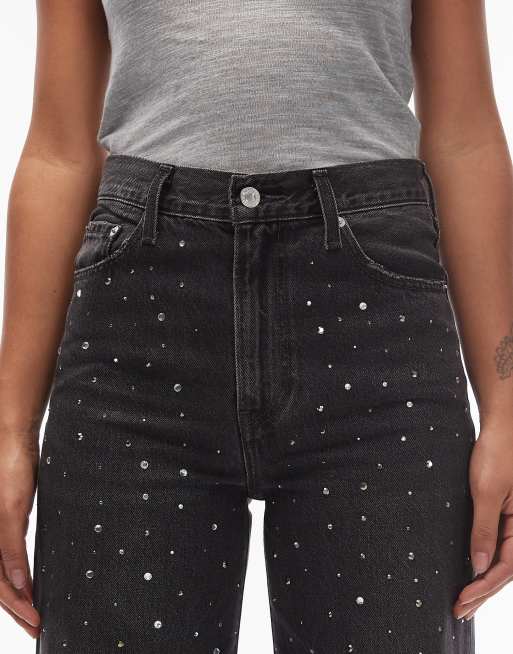 Levi's ribcage wide leg embellished jeans in black, 4 of 5